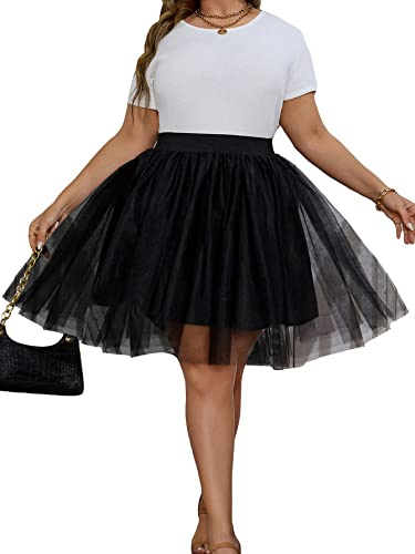 OYOANGLE Women's Plus Size Mesh Layered Party Midi Skirt Elastic Waist Tulle Skirt Black 3XL