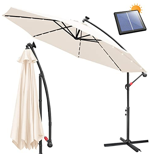 Ansobea 350 cm Parasol de jardin exterieur avec éclairage Solaire LED, Parasol Déporté en Aluminium avec Protection UV, pour Jardin, terrasse, Balcon (Beige)