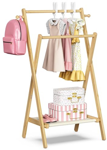 BAMBOOHOMIE - Perchero de ropa para niños, perchero pequeño para mascotas pequeñas, estante de vestir para niños con estante de almacenamiento y varillas dobles, perchero plegable para niños para