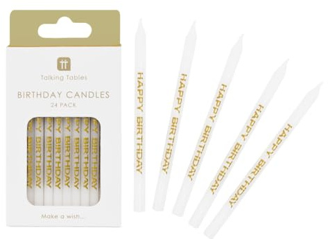Talking Tables 24 x Gold Birthday Candles Cake Toppers Decorations | Elegant Gold & White Decorating Set for Birthday Candles, Cake Parties, Celebrations, Kids & Adults | Plastic-Free | Tall Size