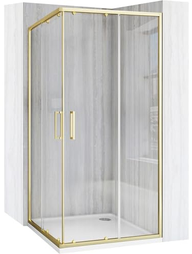 VBChome Cabine de douche 90 x 90 cm, or, 190 cm, 5 mm, entrée d'angle 5 mm, carrée, paroi de douche, porte coulissante, paroi de douche en verre de sécurité transparent