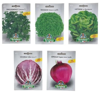 L'ORTOLANO-OFFERTA-5 BUSTE Di Semi Da Piantare -Prezzemolo, Basilico Greco a Palla, Lattuga, Cicoria, Cipolla Tropea Rossa Tonda. Sementi Selezionate e di Alta Qualità. Buste termosaldate.