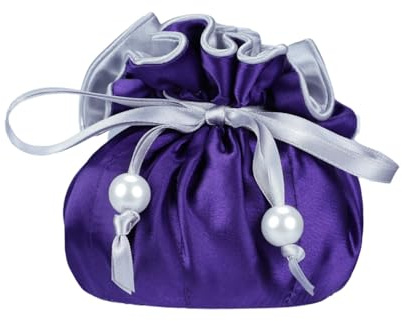 Marisa D'Amico Drawstring Premium Satin Jewelry Pouch with 8 Interior Pockets, Purple + Silver