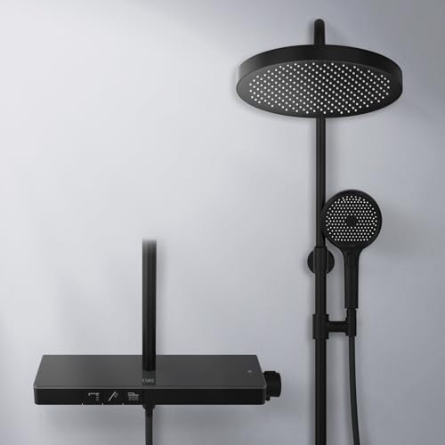 EMKE Thermostatische Duschsäule mit Glasablage, 320 mm, extra große Regendusche, Handbrause mit 3 Strahlarten, Mattschwarz, verstellbare Höhe 818-1068 mm