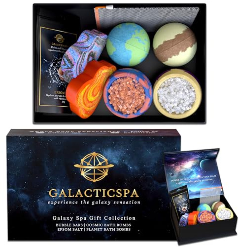 Galacticspa Galaxy Spa Gift Set – 2 x Planet Bath Bombs, 2 x Cosmic Bath Bombs, 2X Galaxy Bubble Bars & Coconut Epsom Salt – Relaxing Space-Themed Bath Set for Men & Women