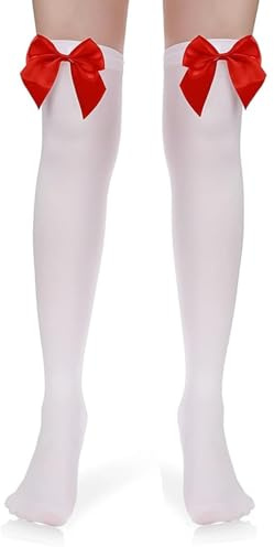 1 Pair White Stockings for Women,Thigh High Socks Over Knee Red Bow Long Christmas Black Highs Sock Halloween Womens Sexy Socks Accessories Stocking Cozy Valentine's Adult Lace Silk Opaque,for Gifts