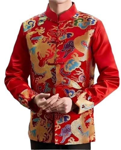 CQJFLQC Traditional Chinese Style Men Wedding Coat Stand Collar Satin Tunic Suit Jacket Red 4 XS