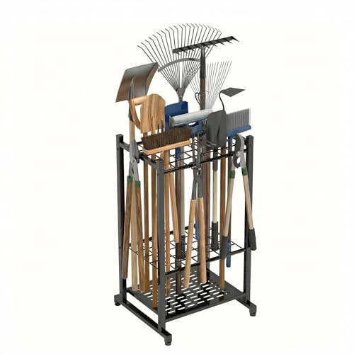 SOONHUA Supporto per attrezzi da giardino, torre degli attrezzi per il cortile per l'organizzazione e lo stoccaggio, per un massimo di 35 strumenti/rastrelli/scopa, robusto supporto per attrezzi da
