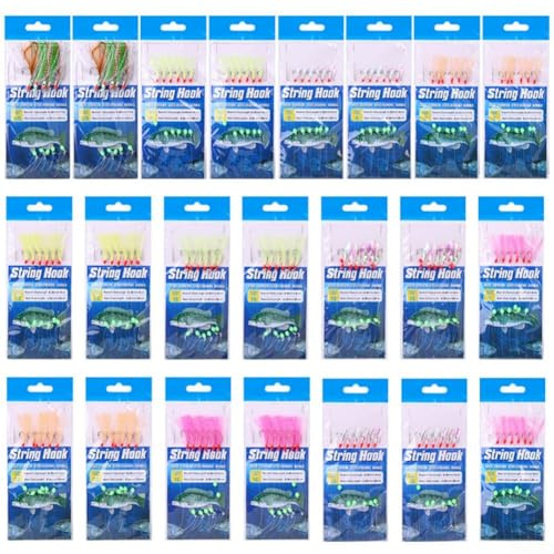 22 Packs Bait Rigs with Fish Skin Feather Hooks, Freshwater Fishing String Hooks for Mackerel Herring Smelt, Shrimp Imitation Jigging Gear with Nylon Line and Steel