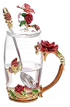 YUEMING vidrio Taza con asa Pared de Vidrio de Borosilicato,Resistente al Calor Tazas de café Taza téLeche,Taza de té con tapa Taza de cafe con cuchara Taza rosa mariposa (Rojo + 350ml)