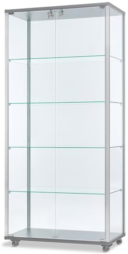 Glasvitrine mit Rollen T 41,7 x B 78,2 x H 183 cm - breite Ausstellungs-Vitrine abschließbar - großer Glas-Vitrinenschrank ohne Beleuchtung