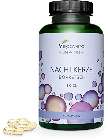 Bio Nachtkerzenöl Kapseln | mit Borretschöl kaltgepresst | Premium: Rohstoffe | Keine Gelatine | 13,5% GLA (Omega 6) | Laborgeprüft | Deutsche Produktion Vegavero