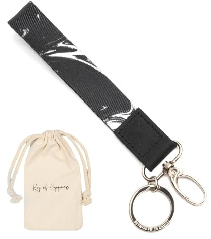 Things of Happiness Schlüsselband kurz mit Schlüsselring & Karabiner für Mann & Frau | Schlüsselanhänger | Kleines Geschenk Geburtstag, Valentinstag, Weihnachten | kurzes Lanyard (Schwarz/Marmor)