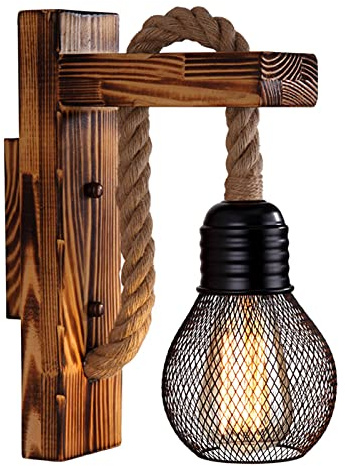 YUNYODA Lampada da parete industriale in corda di canapa e ferro, lampada da parete con puleggia di sollevamento personalità creativa Lampada retrò per camera da letto Café (senza lampadina)