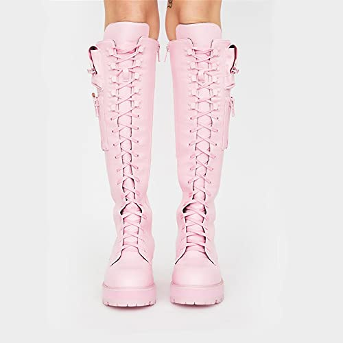 Botas de plataforma de combate con hebilla para mujer, tacón de bloque con cordones, botas altas para motocicleta, bolsillo oculto, botas altas hasta la rodilla para mujer, botas militares para mujer