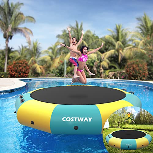 COSTWAY 10FT Inflatable Water Trampoline, Outdoor Diving Splash Padded Bouncer with Electric Inflator, Rope Ladder, Mooring Ropes & Anchor, Bounce Swim Platform for Pools Lakes Garden (Yellow + Green)