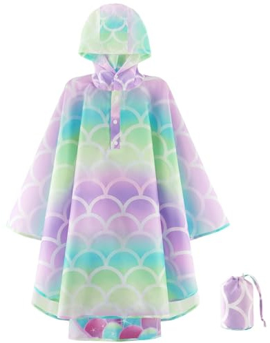 WAWSAM Abrigos Impermeables Niña Chubasqueros con Capucha para Niños Chubasquero Reutilizable Poncho Ligero de Sirena para La Escuela Senderismo Viajar Camping