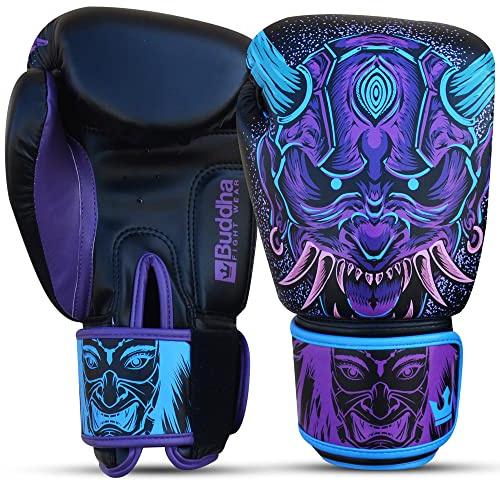 BUDDHA FIGHT WEAR - Gants de Boxe Fantasy Luzbel - Muay Thai - Kick Boxing - Cuir synthétique de Haute qualité - Tissu intérieur résistant aux odeurs - Coutures renforcées - Couleurs Bleues - 16 Oz