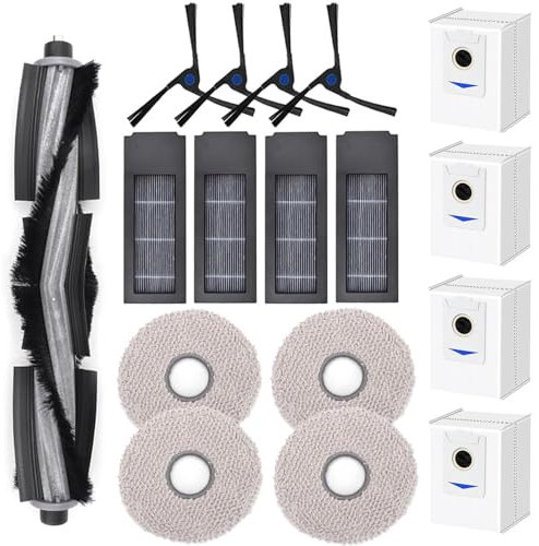 Chuancheng 17-teiliges Ersatzteil für Ecovacs Deebot X2 / X2 Omni / X2 Pro / DEX86 Staubsaugerzubehör, 1 Hauptbürste, 4 Seitenbürste, 4 Hepa-Filter, 4 Staubbeutel, 4 Wischtücher