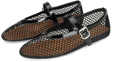 DOEYG Schwarze Netz-Ballerinas für Damen, runde Zehenpartie, Netz-Ballerina, flache Schuhe, Schnalle, Riemen, Netzstoff, Mary Jane, bequem, lässig, elegant, Sommer, Fischnetzschuhe, Größe 42, Schwarz