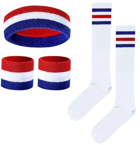Lot de 5 Bandeaux à Rayures pour Sport, Bandeaux, Chaussettes Montantes au Genou, Chaussettes tubulaires au Poignet, Bandes de Sueur, Costumes de fête sur Le thème des années 80, Rouge, Blanc,