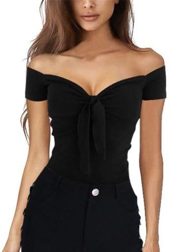EMOTTOS Camisetas Mujer Top, Camisetade Manga Corta Y2K Sin Hombros Cuello en V, Crop Tops de Verano Basica Camiseta Ajustada Casual Primavera Verano Otoño para Mujeres, Negro M