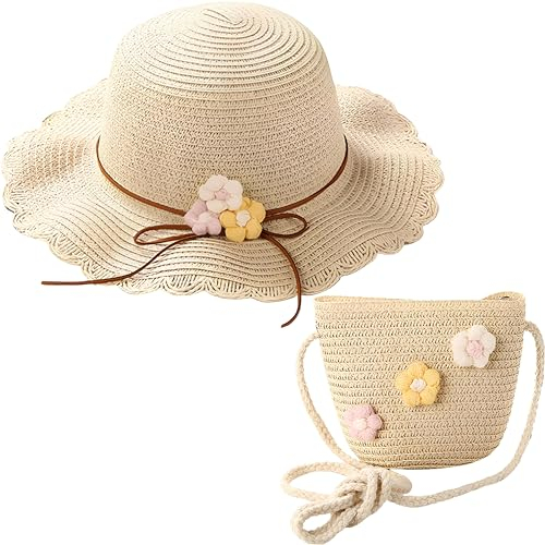2 Stück Mädchen Sonnenhut und Strohstricktasche, Strohhut und Kleine Tasche Set mit Blumendekoration, Sonnenschutz Atmungsaktiver Kinder Sonnenhut, Sommerhut Strandhut für Reisen Outdoor (‎Beige)