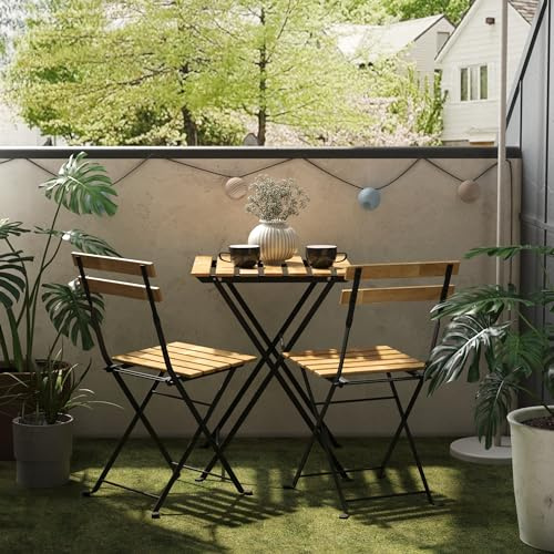 casa.pro Set de Bistrot 3 Pièces avec Table et 2 Chaises Pliantes Ensemble de Meuble de Jardin Balcon Patio Terrasse Capacité 110 kg par Chaise Acier Laqué Bois d'Acacia Noir Naturel