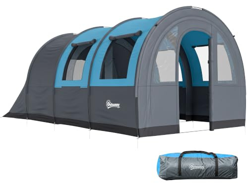 Outsunny 3 Man Camping Tent, 3000mm Waterproof Large Tunnel Family Tent Shelter with Bedroom and Adjustable Living Room, Easy Setup with Carry Bag, 480L x 260W x 200H cm, Grey and Blue