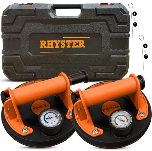 RHYSTER® 2 Ventose per Piastrelle con Manometro e Indicatore di Sicurezza, Diametro 200 mm, Supporto Fino a 320 kg, Ideale per Piastrelle, Vetri, Parabrezza, Mobili, Kit di Ricambio per Valvole