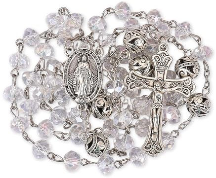 Nazareth Store 8 mm Rosenkranzkette aus weißen Kristallperlen mit 10 mm mysteriösen Gebetsperlen aus Legierung, Wundertätiger Medaille und Jesuskreuz
