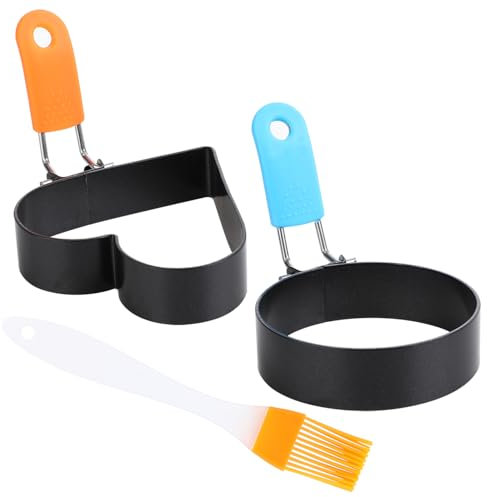 Egg Rings for Frying Fried Egg Ring Fried Egg Mould Non Stick with Anti-Scald Folding Handle Oil Brush for Frying Pan Pancakes Egg Frying Shaping Pancakes Mini Burger