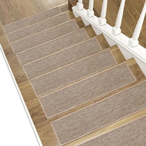 Artnice 15 PCS Stair Treads Non Slip for Wooden Steps Indoor 8 x 30, Stair Tread Carpet Stairs Runner, Thicken Linen Surface Step Pads with Self-Adhesive and Washable Backing, Khaki