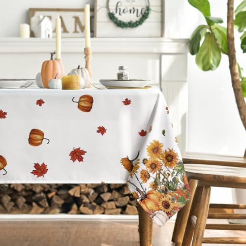 Artoid Mode Nappe d'automne motif citrouilles, épouvantails, tournesols, feuilles d'érable, 140 x 220 cm, linge de table anti-taches, décoration de cuisine, décoration de fête
