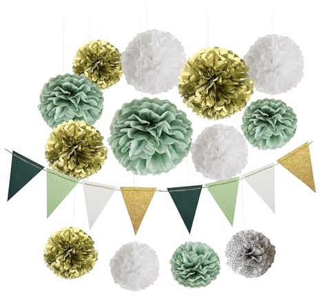 14 stycken pom pomsdekorationer med vimpelgirlang, girlang för bröllopsdekoration, födelsedagsdekoration, dop, babyparty, trädgårdsfest, JGA ungdomshorn, nattvardsgång, salviagrön, sidenpapper, pom
