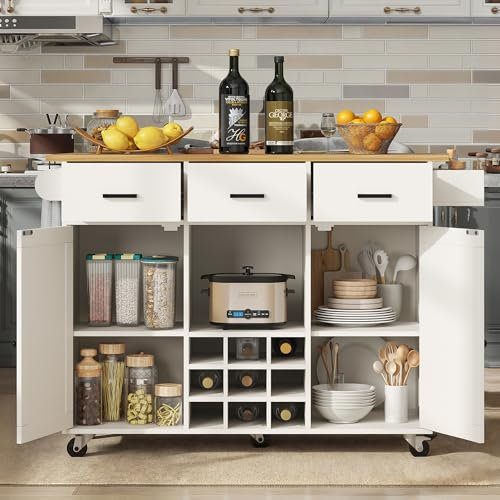 Carro de cocina extraíble, carrito de cocina con encimera, toallero y estante para especias, divisores ajustables, armario de buffet, armarios de cocina, mesa con vetas de madera, color blanco