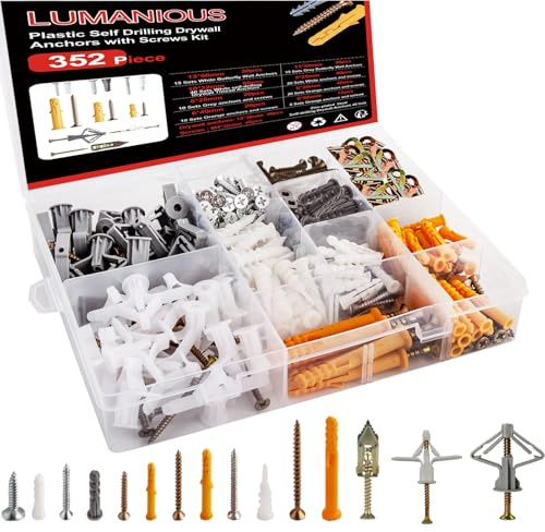 352pcs Screws and Wall Plugs Set, Phillips Flat Head Self Tapping Screws,Wall Plugs for Brick Concrete Plasterboard