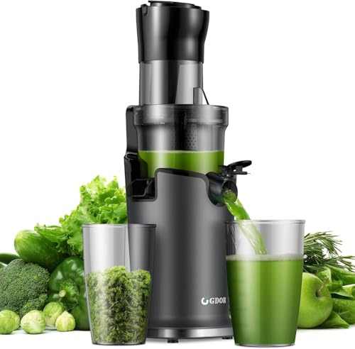 GDOR Spremiagrumi Slow Juicer per frutta e verdura con apertura di riempimento XL da 90 mm, alta resa di succo, spremiagrumi silenziosi e senza BPA, facile da pulire, elettrico con 2 bicchieri e