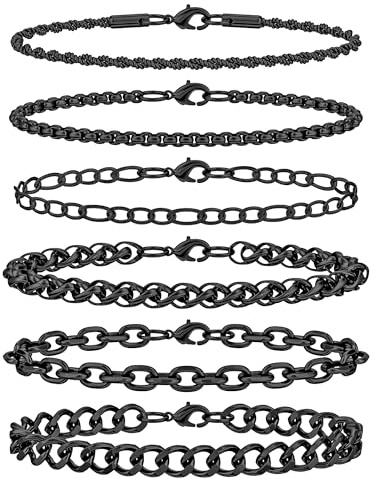 Aospkle 6PCS Stainless Steel Bracelets for Men Women, Black Cuban Link Rope Box Wheat Chain Paperclip Figaro Jewelry Set, 8 Inches