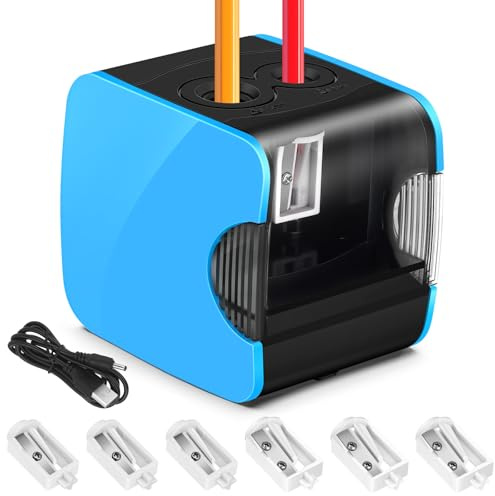 WGIDSKKI Elektrischer Anspitzer, Anspitzer mit Behälter Elektrisch, Pencil Sharpener Batterie und USB Zwei Mode mit 6 Klingen und 1 Bürste, 2 Größen Bleistiftspitzer Dicke für Kinder (Quadrat)