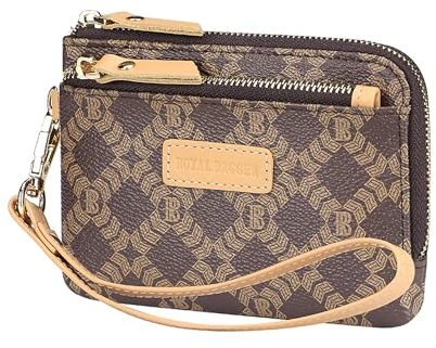 Royal Bagger Porte-Monnaie RFID pour Femmes - Toile Enduite Signature Et Cuir De Vachette Tanné Végétal, Pochette Multi-Fermeture Éclair avec Porte-clés Et Bracelet 2903 (Café)