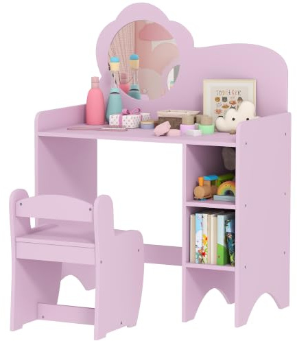 AIYAPLAY Kids Dressing Table with Mirror and Stool 2 in 1 Ages 3-8 Purple | Girls Dressing Table with Storage Shelves, Toddlers Make Up Desk