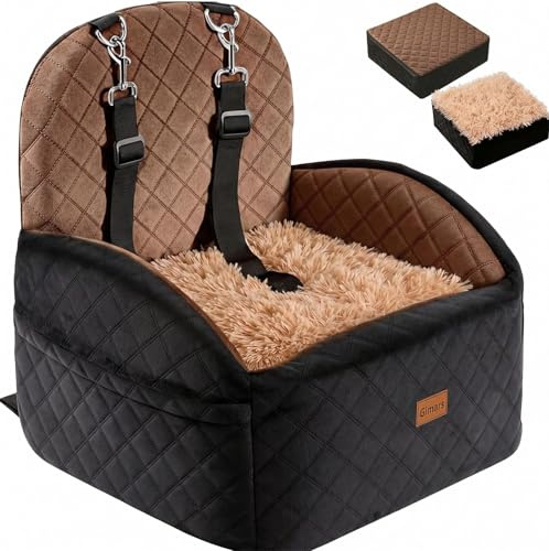 Gimars Vändbar hundbilstol med lång och kort plysch för små/medelstora hundar upp till 16 kg, avtagbar tvättbar halkfri hundbooster bilstol med 15 cm 28D ägglådeskum, säkerhetsbälte, S-brun