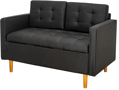 CROWNSHOP Modern 2-Seater Sofa 117cm with Hidden Storage Tufted Cotton | Loveseat with Wooden Legs, Space-Saving Compact Couch for Living Room (Dark Gray)
