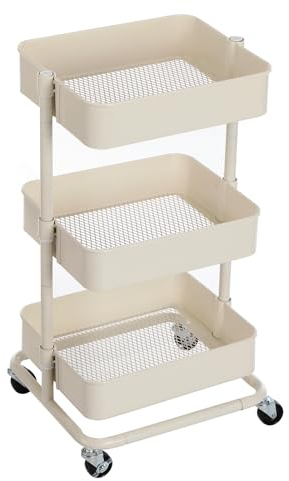 SONGMICS Rollwagen mit 3 Fächern, Aufbewahrungswagen, Küchenregal mit Rollen, Ablagefächer höhenverstellbar, Servierwagen mit 2 Bremsen, Bad, Küche, Büro, Weiß, 43 x 35 x 73.5 cm (L x W x H)