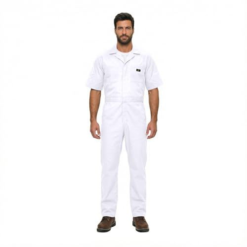 Natural Uniforms Mens Short Sleeve Zip Up Coverall, Stain and Wrinkle Resistant (White, Large)