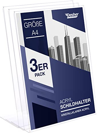 Slant Back Acrylic Sign Holder A4, 3 Pack, Portrait Ad Frames, Clear Picture Frame for Signs, Brochure, Flyer, Menu, Paper, Poster, Display. Slanted Plastic Message Board Stand for Home, Office, Store