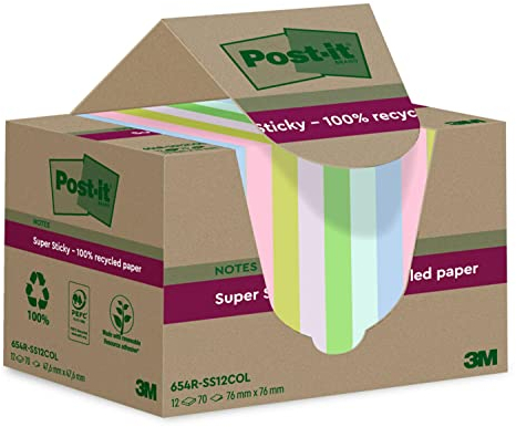Post-it Super Sticky 100 % Recycling Notes, 12 Blöcke, 70 Blätter pro Block, 76 mm x 76 mm, Pink, Grün, Blau, Violett, Gelb - Extra starke Haftnotizen aus 100 % Recyclingpapier