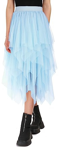 Monbessi Tulle Skirt for Women - Elasticated Waist Midi Skirt with Irregular Net Mesh for Daily, Prom, Party