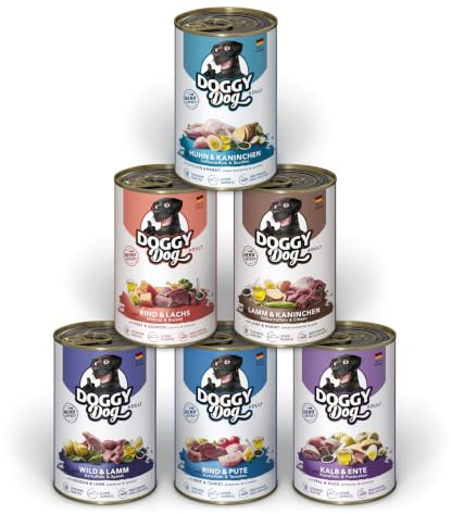 Doggy Dog Paté Mix 1, 6 x 400 g, Comida húmeda para Perros en Paquete de Muestra, Comida para Perros sin Cereales con Aceite de salmón y mejillón de Labios Verdes, pienso Completo con Alto Porcentaje